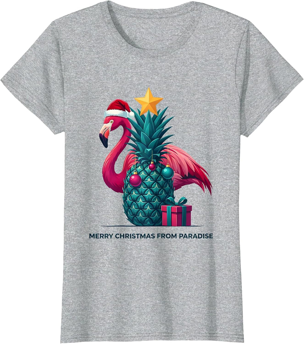 Merry Christmas From Paradise Funny Pink Flamingo Christmas T-Shirt - Heather Grey