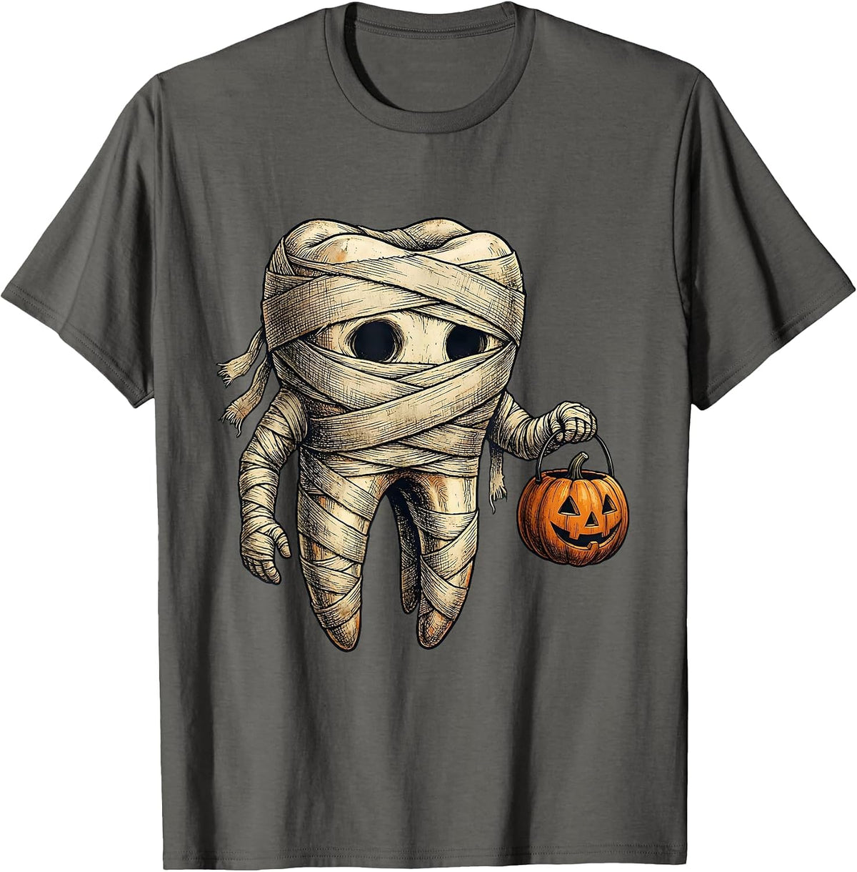 Men's Mummy Tooth Trick or Treat Halloween Dental T-Shirt - Asphalt Grey