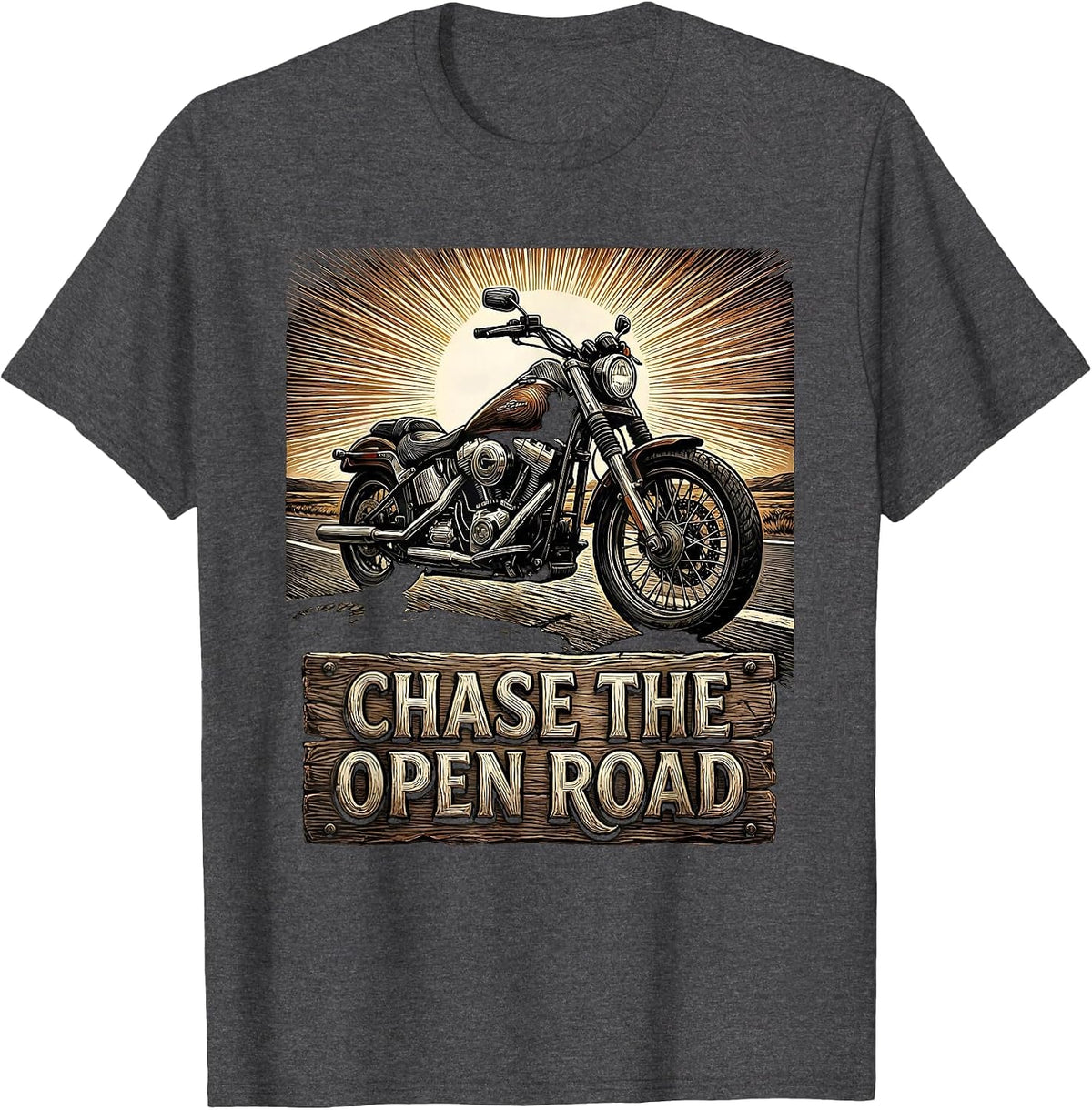 Chase the Open Road Biker Graphic Design T-Shirt - Dark Heather Grey