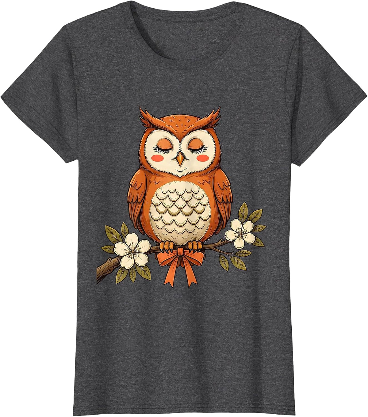 Women's Cute Owl Flowering Branch Retro Owl Lover Halloween T-Shirt - Dark Heather Grey