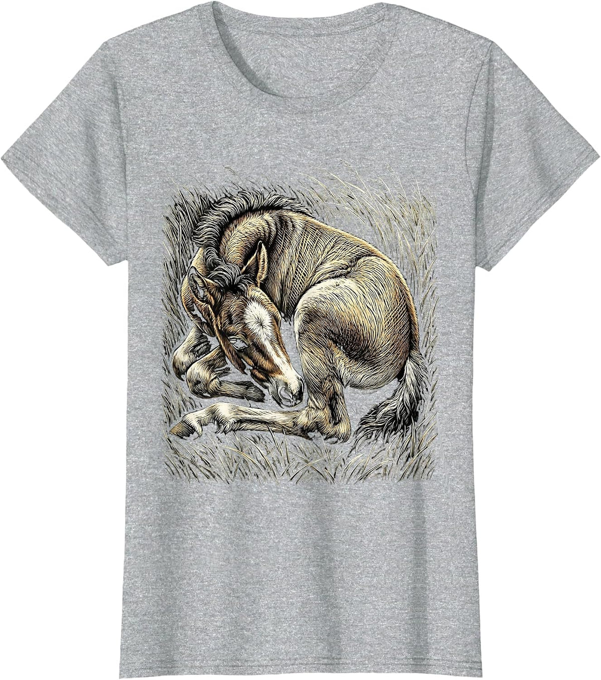Sleeping Foal in Tall Grass Horse Lover Design T-Shirt - Heather Grey
