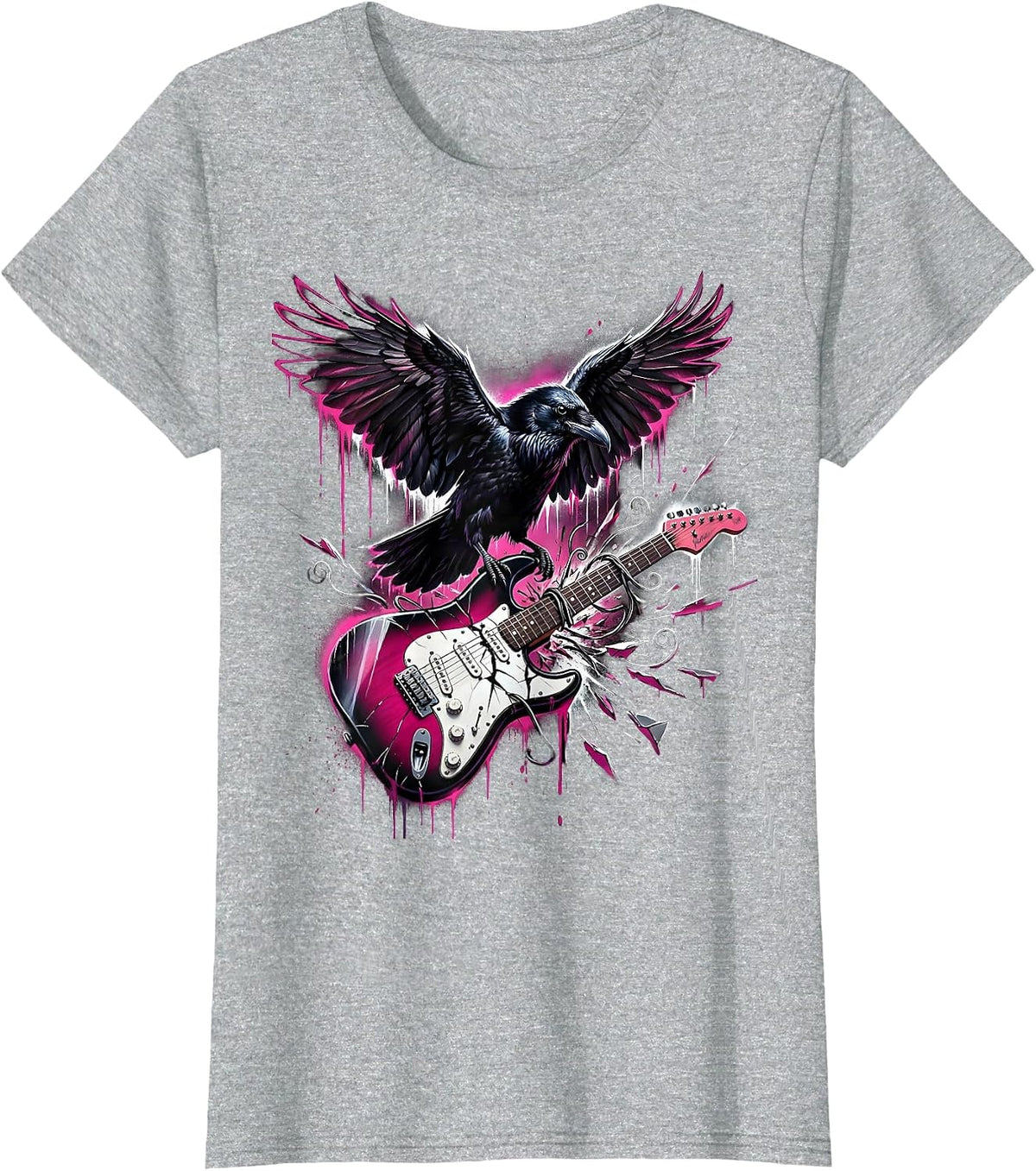 Women's Raven on Broken Guitar Strings Rock Art Design T-Shirt - Heather Grey