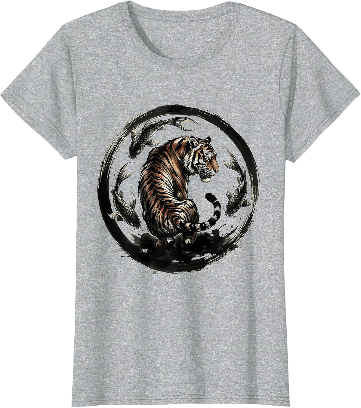 Tiger and Koi Fish Swirl Graphic Design T-Shirt - Heather Grey