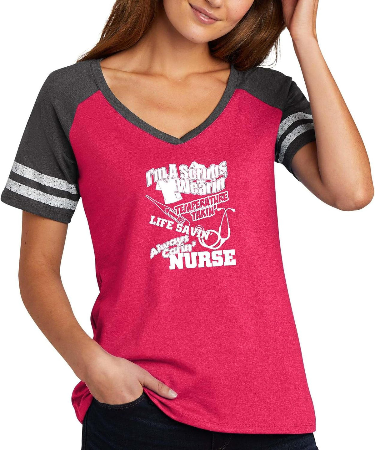Funny Nurse Quote Graphic Top Scrubs Wearin' Temperature Takin' Life Savin' Nurse Design Ladies Game Day V-Neck Tee - Ladies