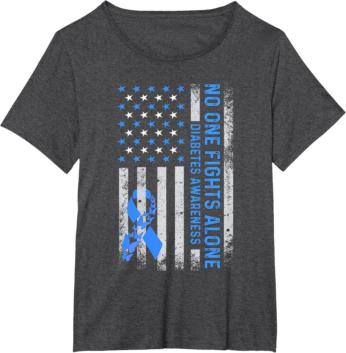 USA American Flag No Fighting Alone Diabetes Awareness T1D T-Shirt - Dark Heather Grey