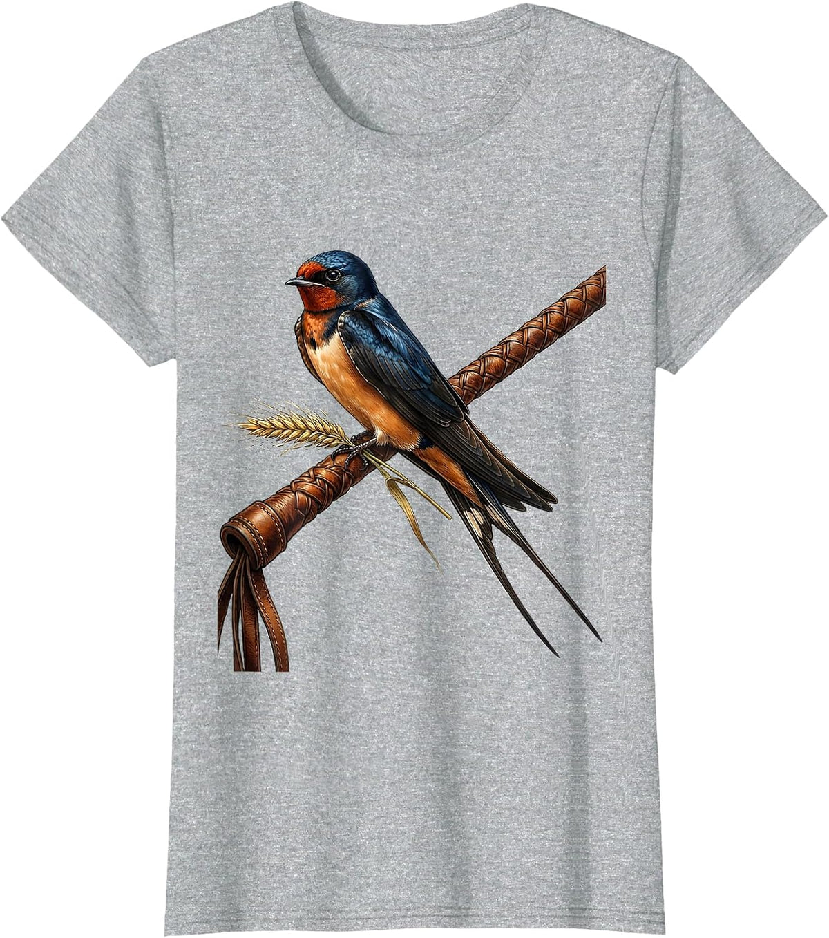 Barn Swallow on Riding Crop Equestrian Design T-Shirt - Heather Grey