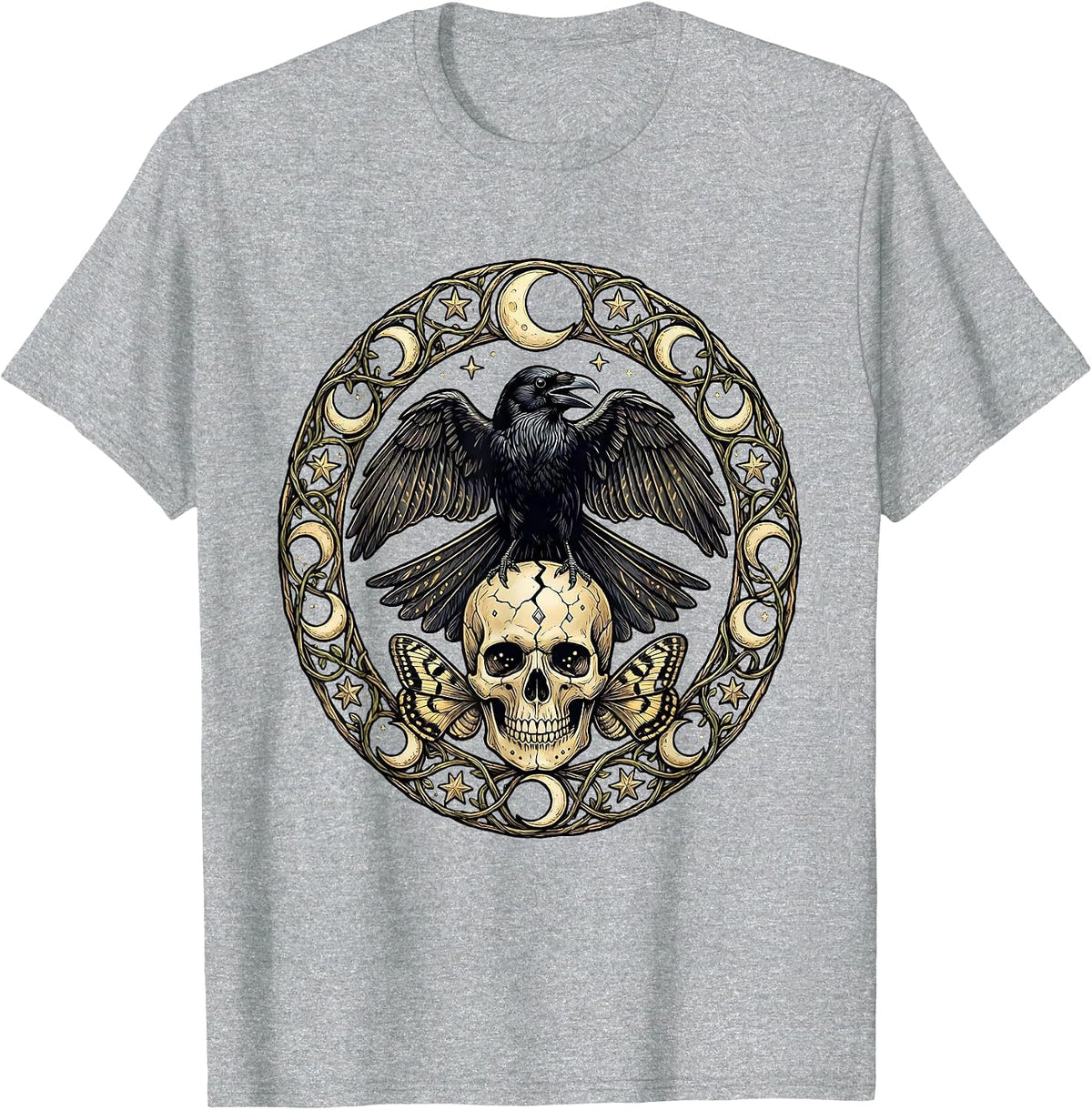 Men's Raven on Skull Halloween Gothic Dark Art T-Shirt - Heather Grey