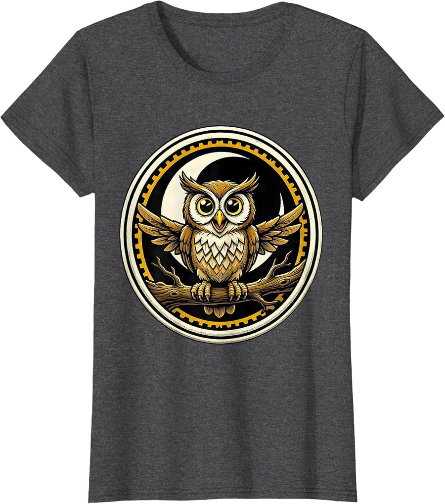 Women's Halloween Town Owl on Branch Crescent Moon T-Shirt - Dark Heather Grey