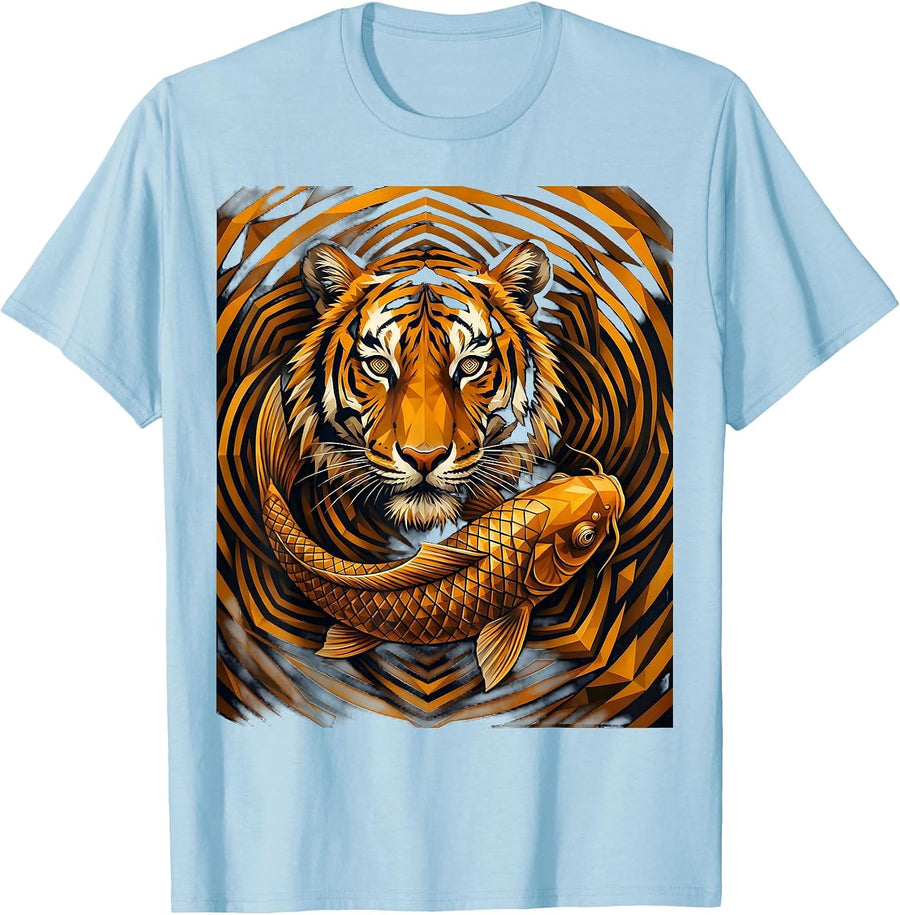 Men's Tiger and Koi Fish Swirling Water Graphic T-Shirt - Baby Blue