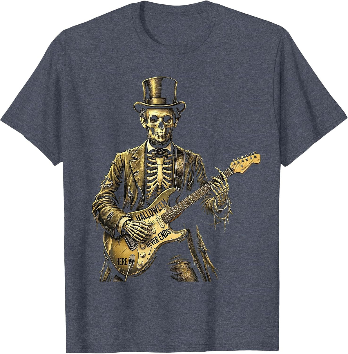Skeleton Rock Band Halloween Never Ends Design T-Shirt - Heather Blue