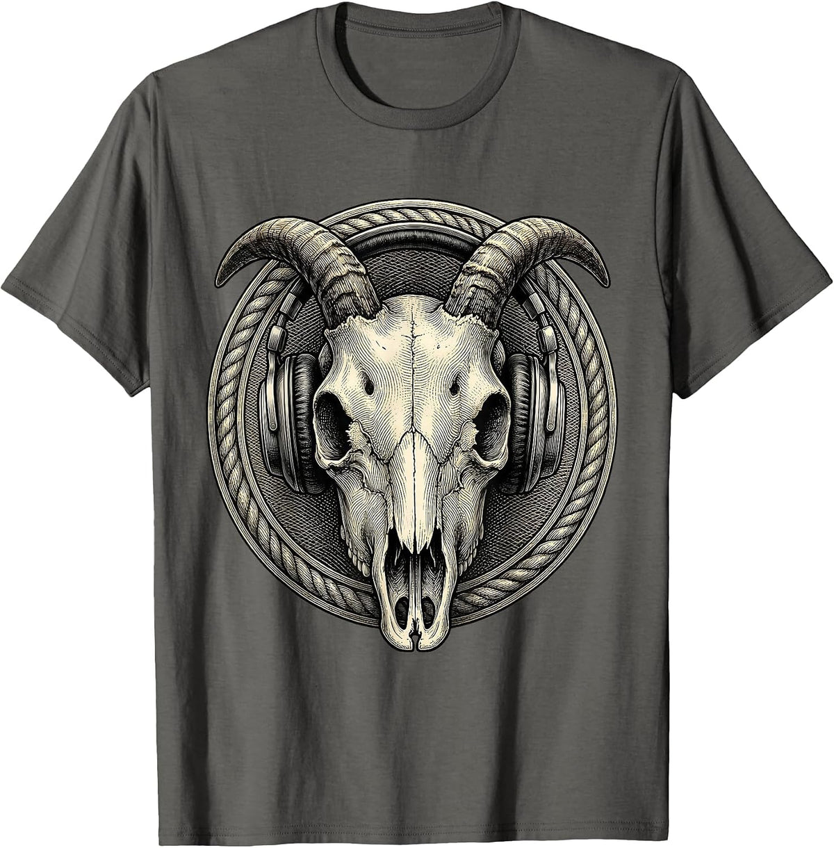 Men's Horned Goat Skull Headphones Metal Band Graphic T-Shirt - Asphalt Grey