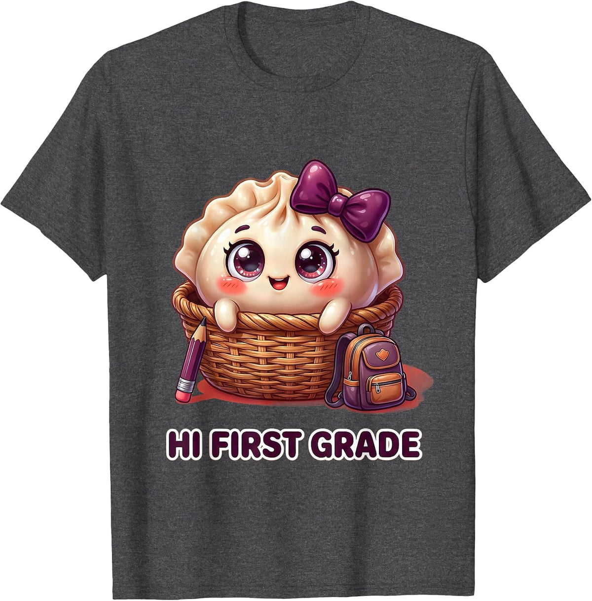 Hi First Grade Cute Dumpling Back to School Girl Teacher T-Shirt - Dark Heather Grey