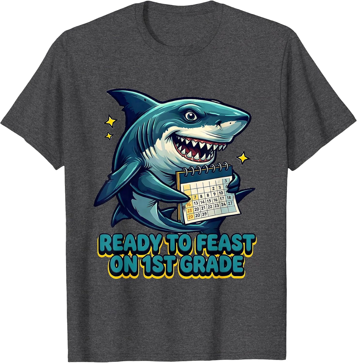 Ready To Feast On 1st Grade Bold Bubbly Shark Back To School T-Shirt - Dark Heather Grey