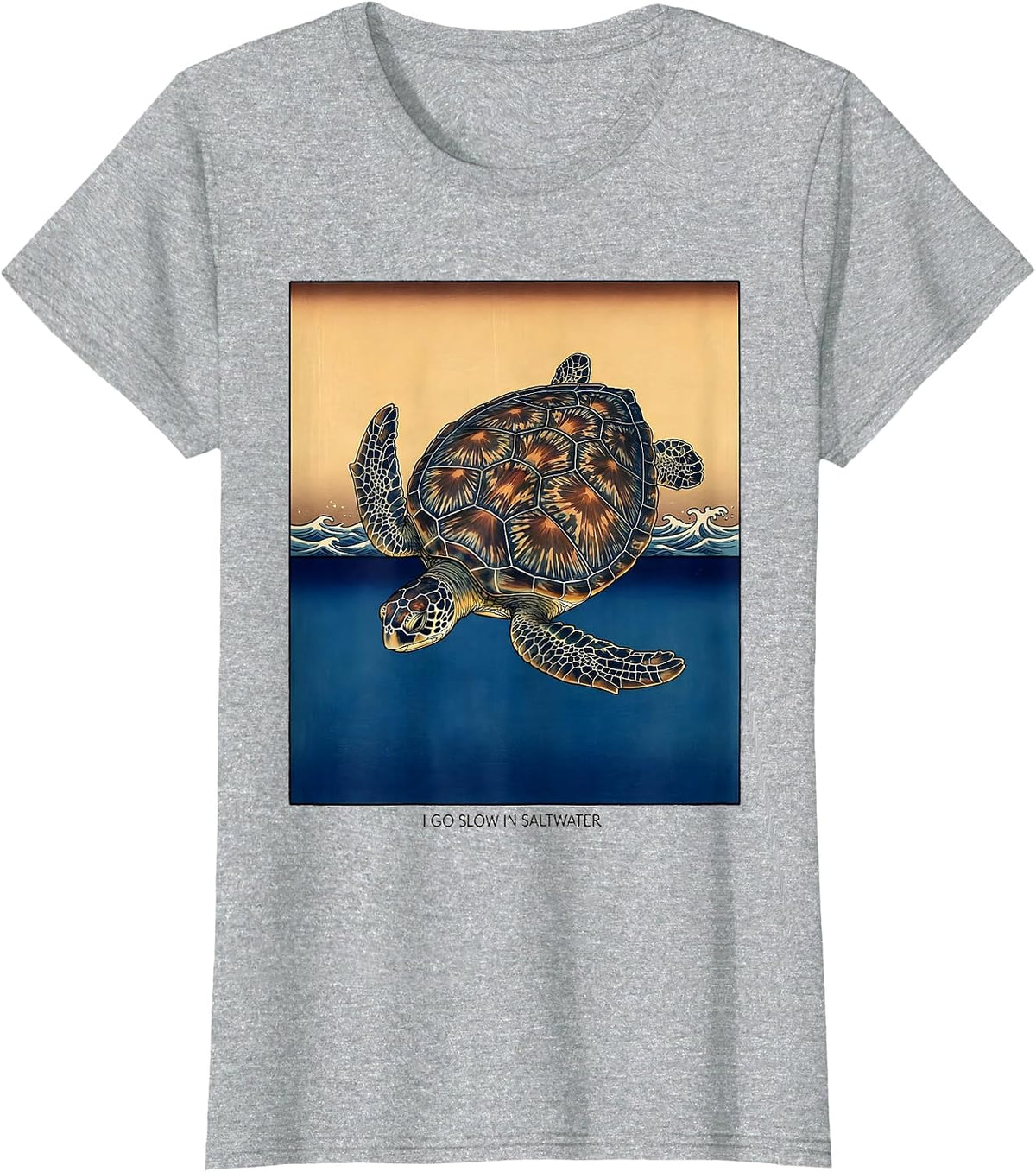 Women's I Go Slow In Saltwater Ukiyo-e Sea Turtle Lover Beach Humor T-Shirt - Heather Grey