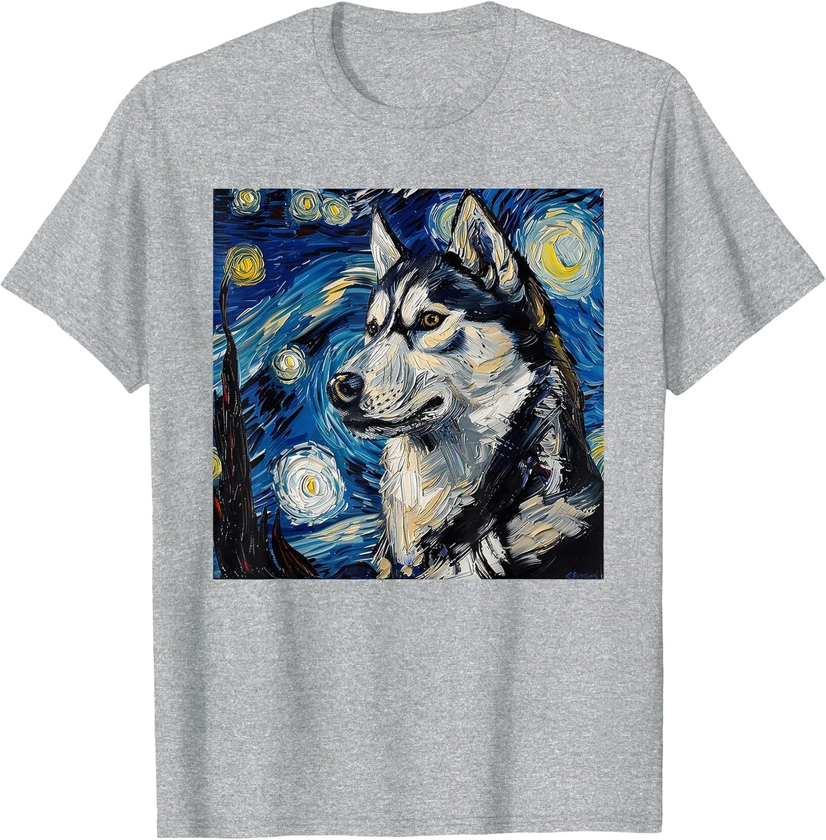Siberian Husky Dog Van Gogh Starry Night T-Shirt - Heather Grey
