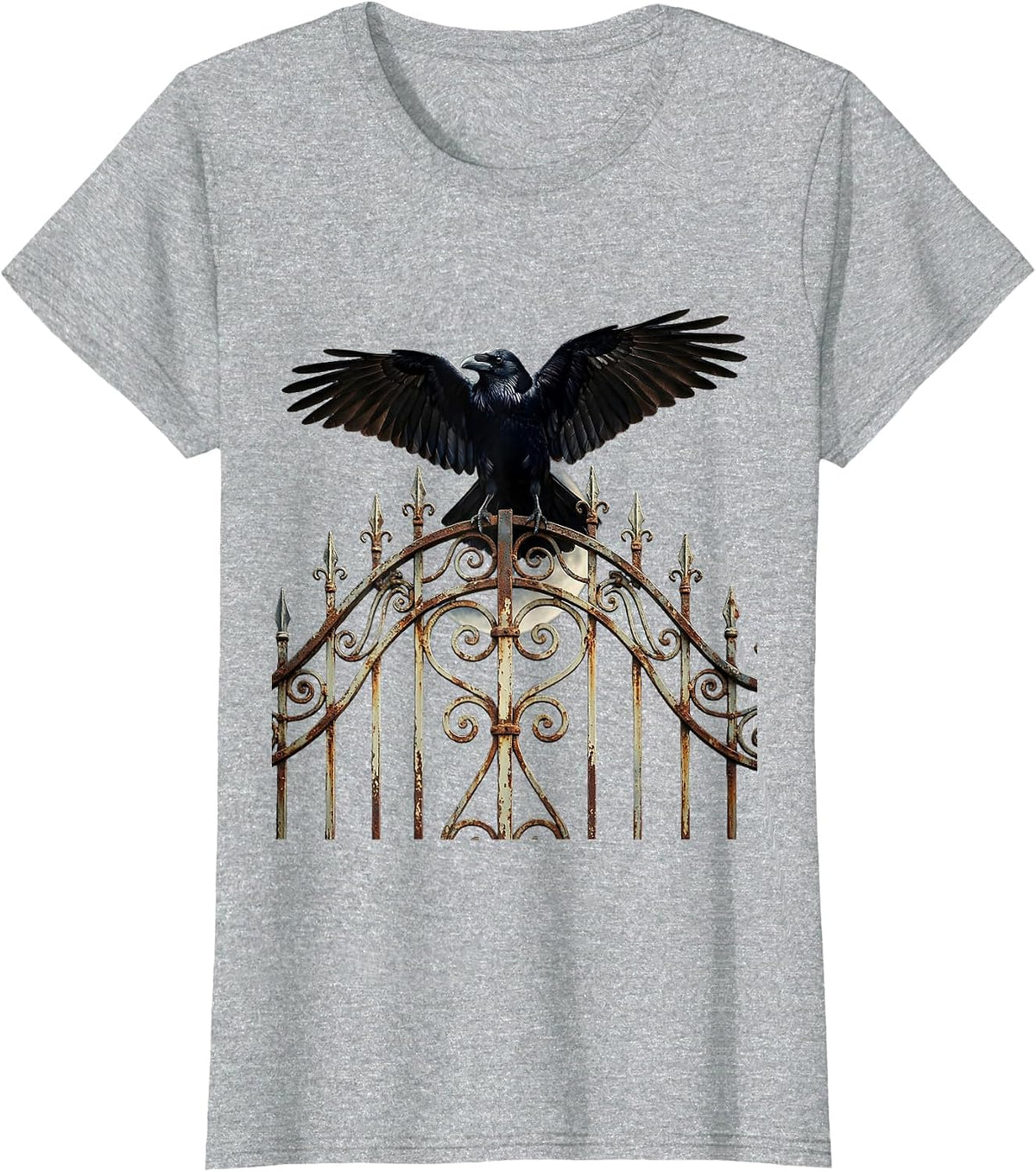 Salem Raven on Wrought Iron Gate Illustration T-Shirt - Heather Grey