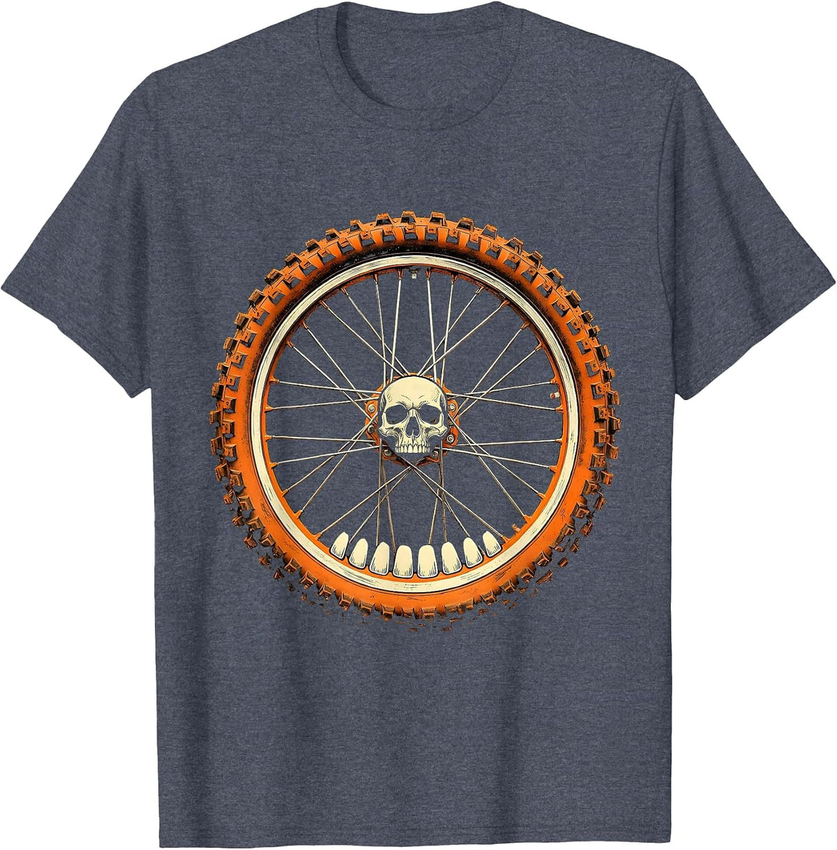 Dirt Bike Skull Wheel Graphic Tee T-Shirt - Heather Blue