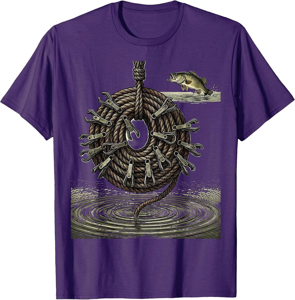 Men's Vintage Engraved Fish Stringer Funny Bass Fishing Humor T-Shirt - Purple