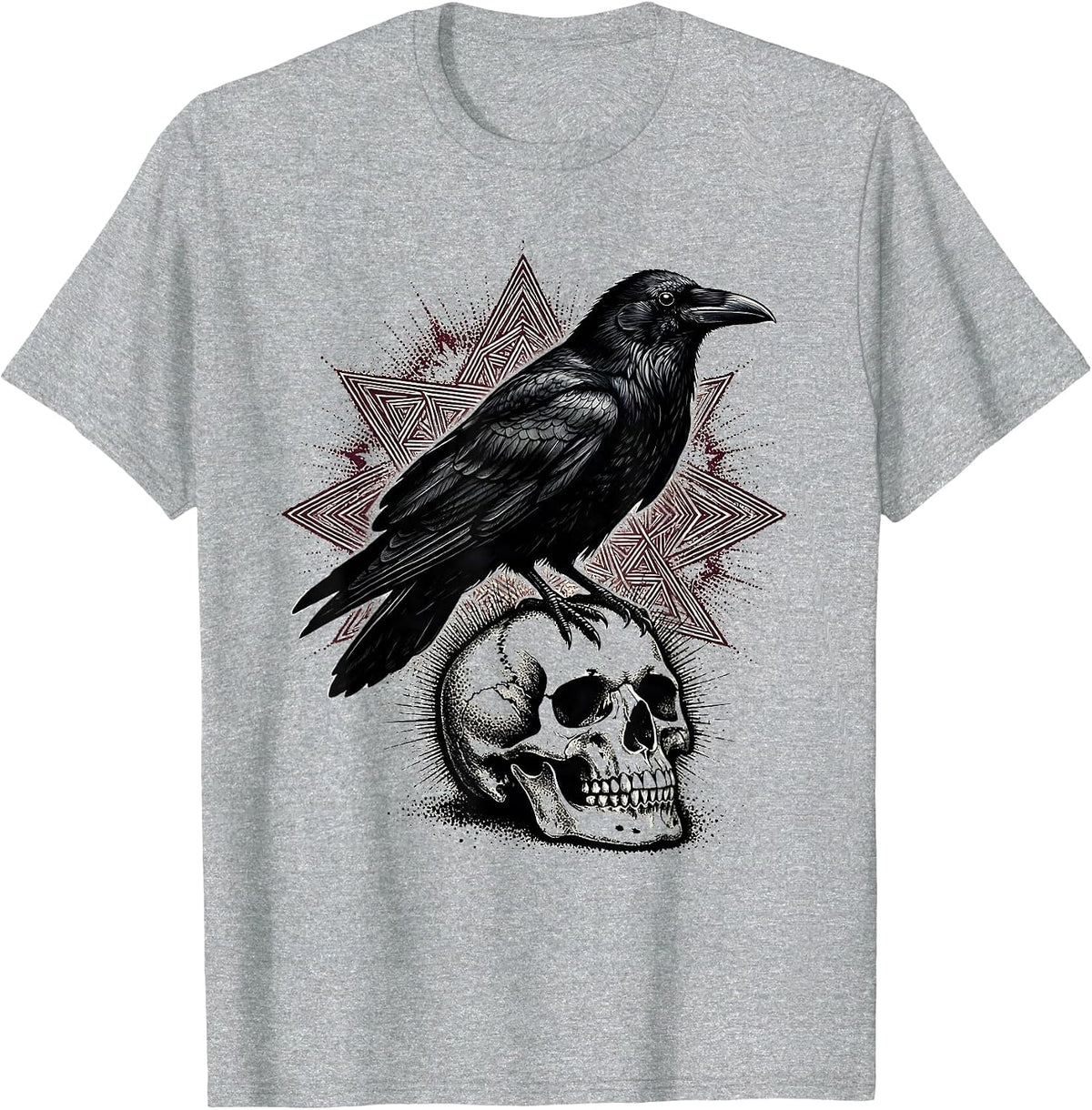 Men's Raven Perched on Mossy Skull Gothic Nature Art T-Shirt - Heather Grey