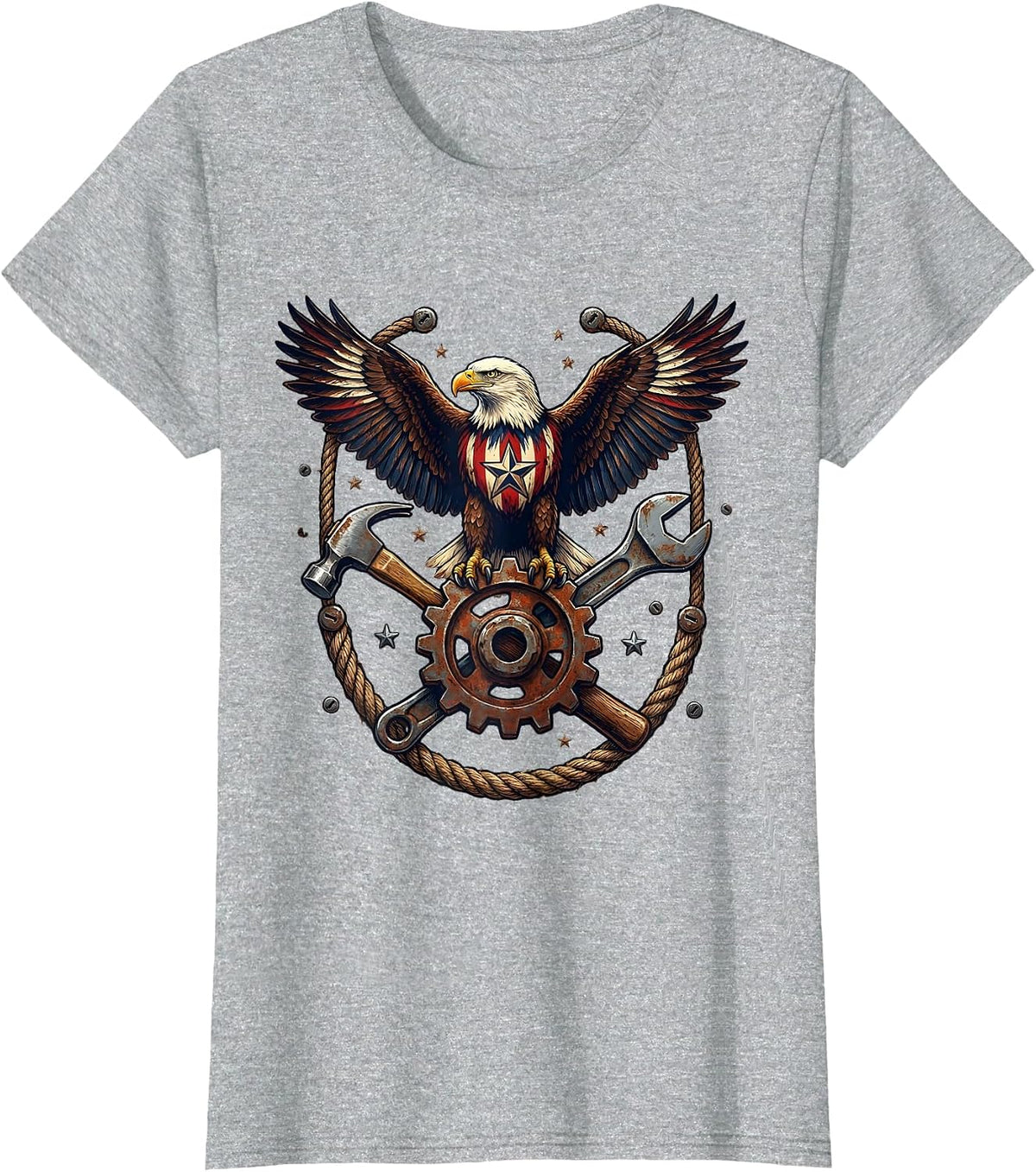 Labor Day Eagle Crossed Tools and Gear Graphic T-Shirt - Heather Grey
