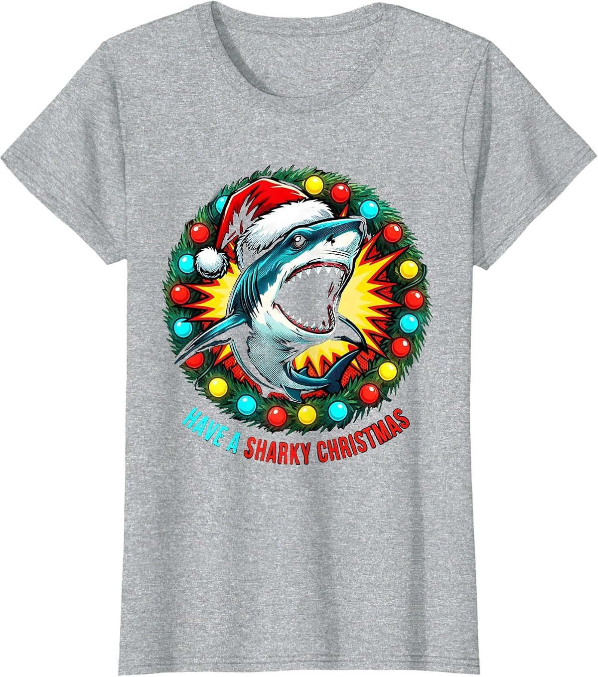 Women's Have a Sharky Christmas Funny Pop Art Shark Santa Hat T-Shirt - Heather Grey