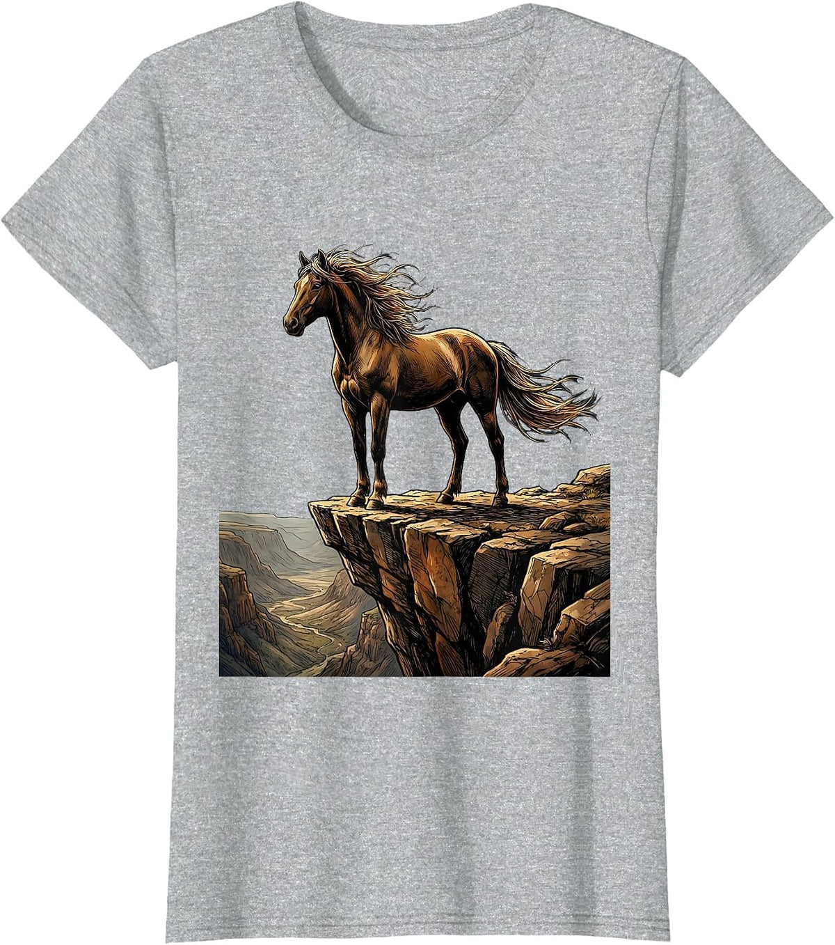 Lone Horse on Cliff Edge Illustration T-Shirt - Heather Grey