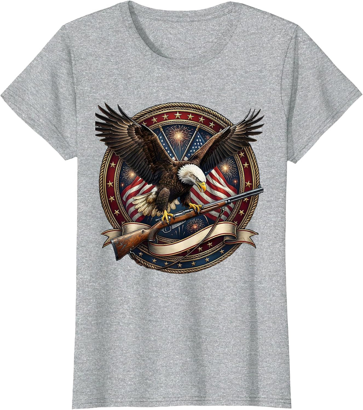 Bald Eagle Perched on Weathered Rifle Patriotic T-Shirt - Heather Grey