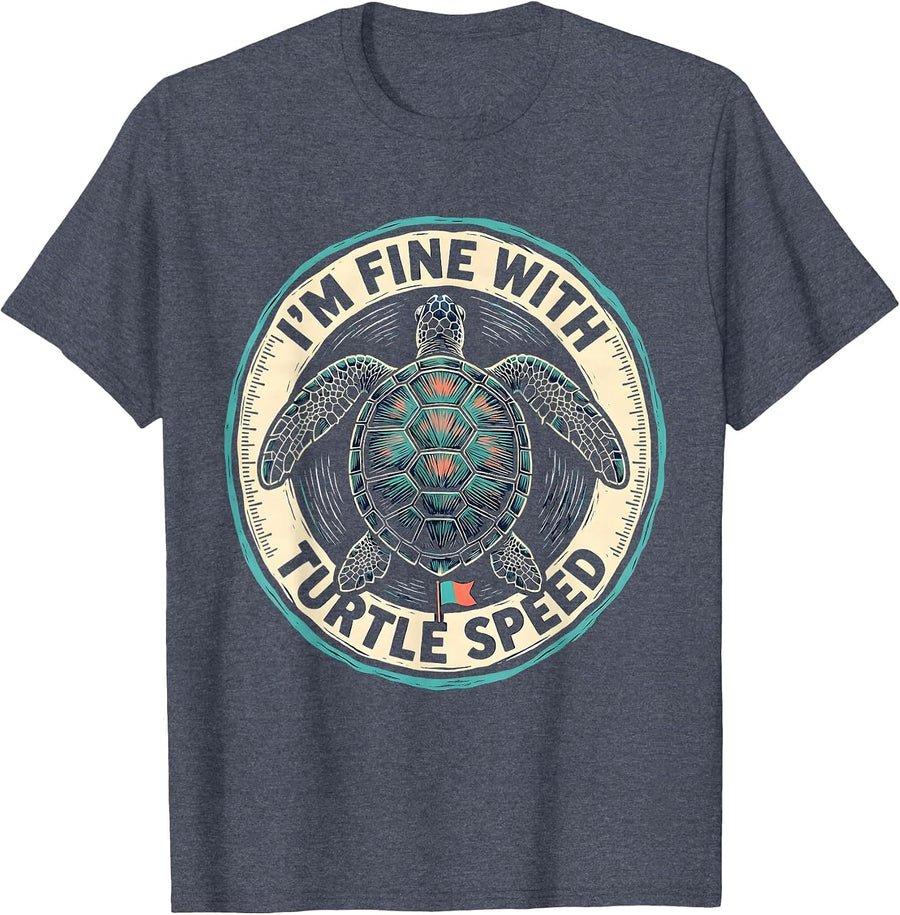 I’m Fine With Turtle Speed Funny Sea Turtle Lover Linocut T-Shirt - Heather Blue