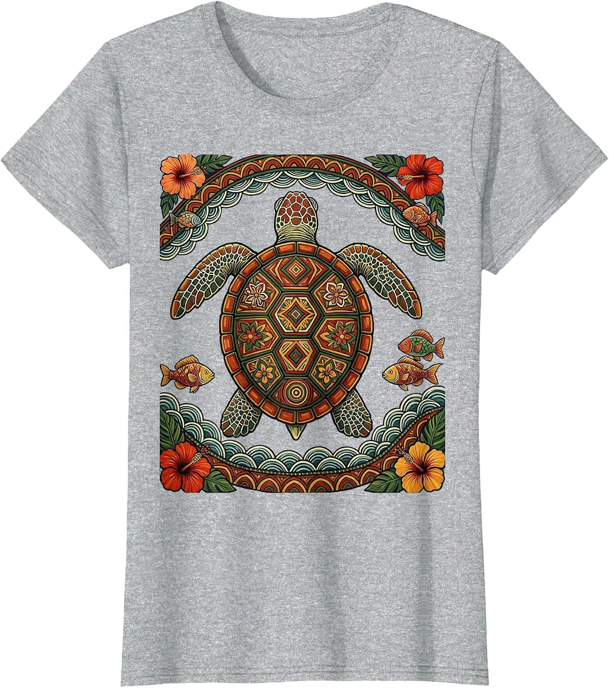 Sea Turtle Luau Wave Diving Graphic Tee T-Shirt - Heather Grey