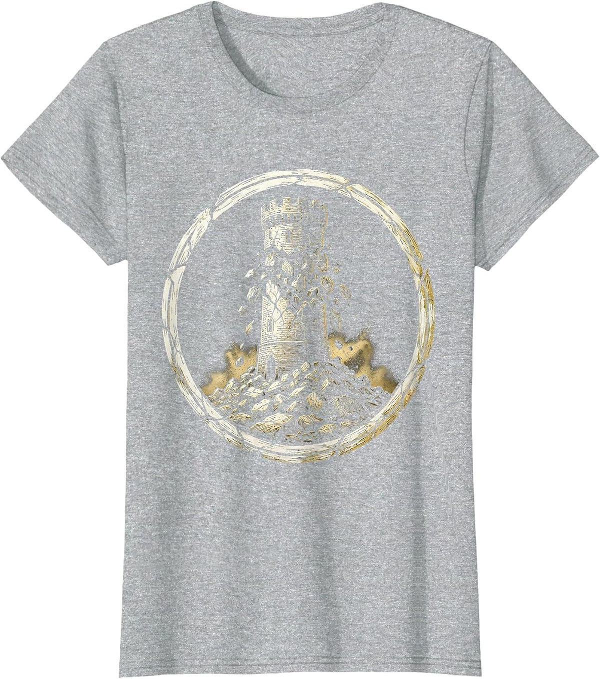 Women's Golden Tower Crumbling Into Dust Illustration T-Shirt - Heather Grey