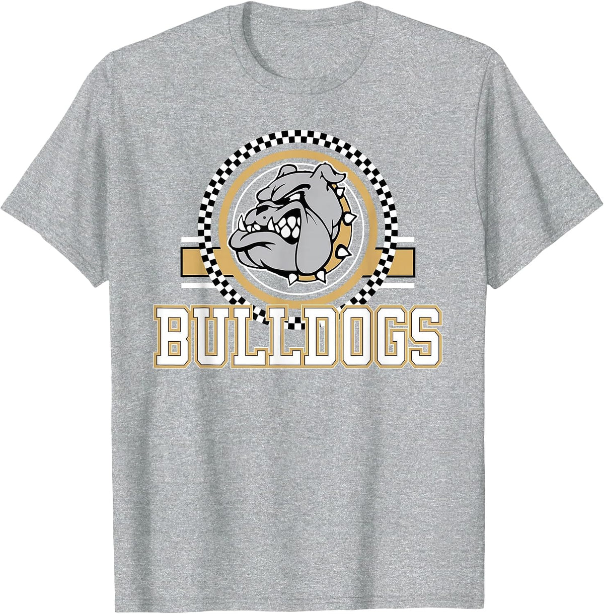 Bulldogs Checkered Print Logo Gold Bulldog Mascot School T-Shirt - Heather Grey