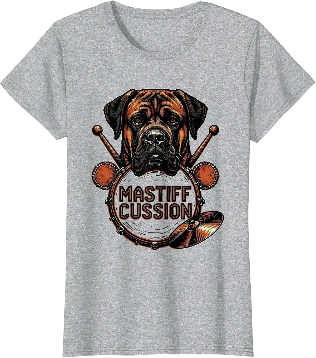 Women's Mastiffcussion Linocut Funny Pet Drummer Rock Humor T-Shirt - Heather Grey