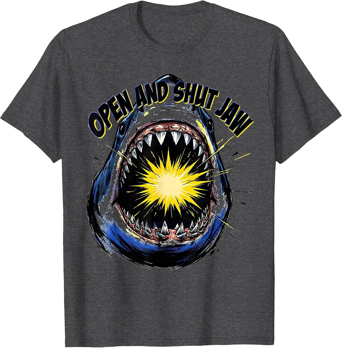 Open And Shut Jaw Comic Book Shark Jaw Halloween Costume T-Shirt - Dark Heather Grey