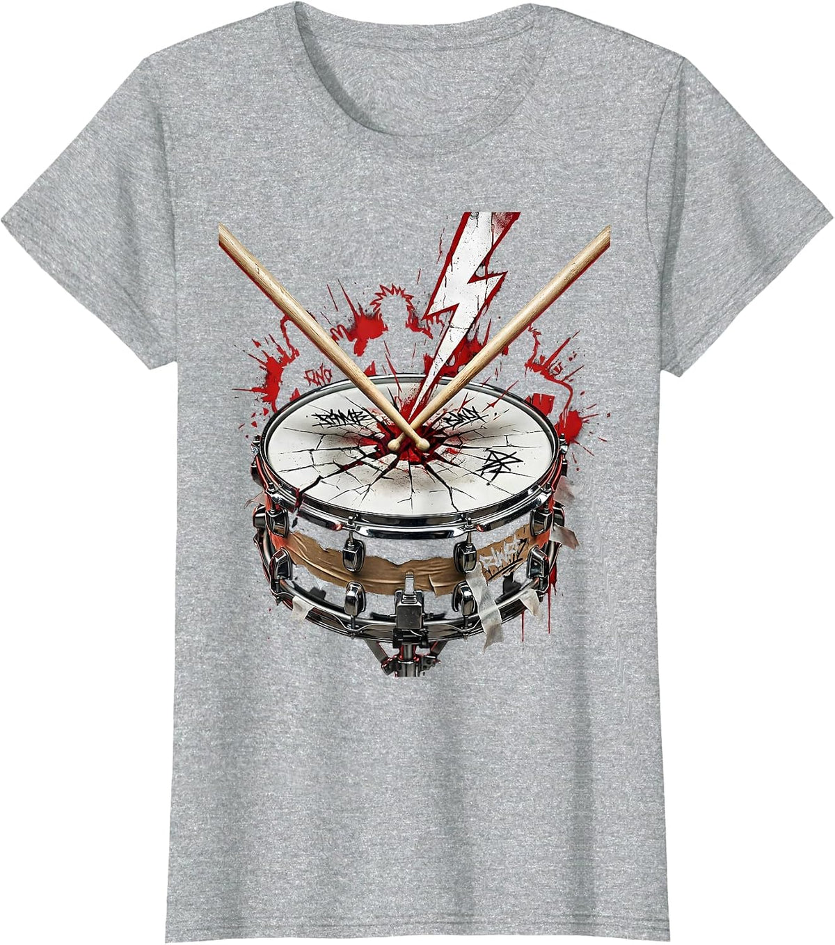 Crossed Drumsticks Cracked Snare Drum Band Graphic T-Shirt - Heather Grey