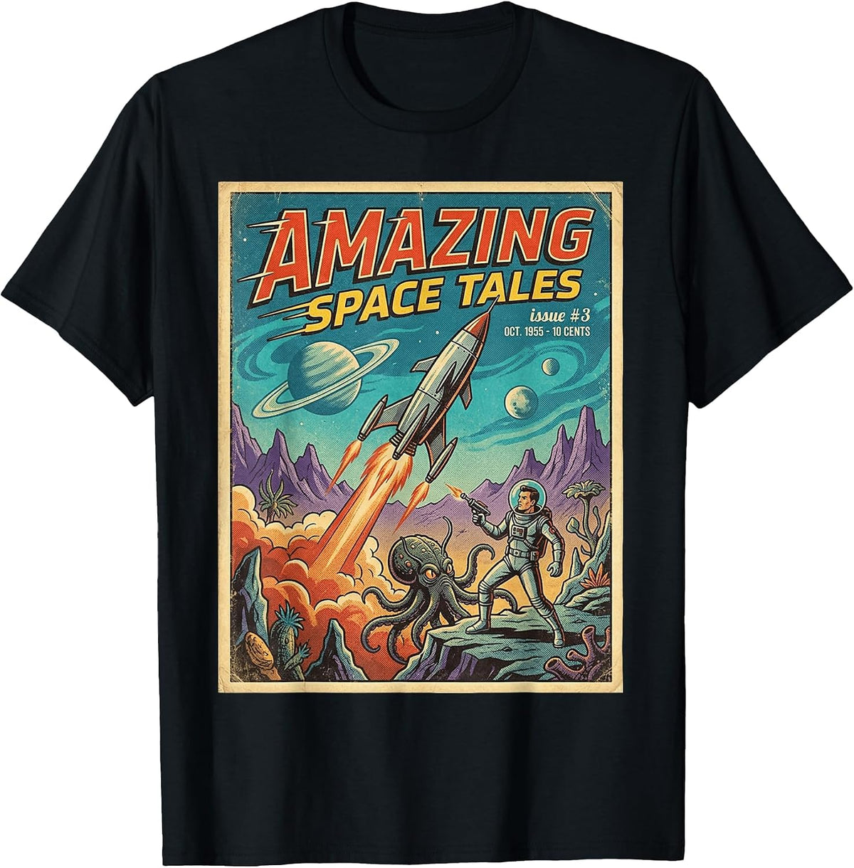 Vintage Sci-Fi Magazine Cover Amazing Space Tales Retro T-Shirt - Black