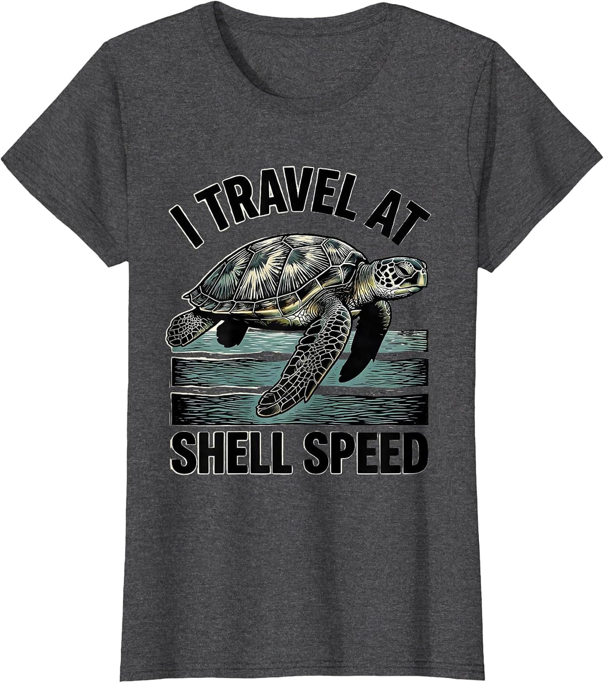 Women's I Travel At Shell Speed Woodcut Engraving Sea Turtle Lover T-Shirt - Dark Heather Grey