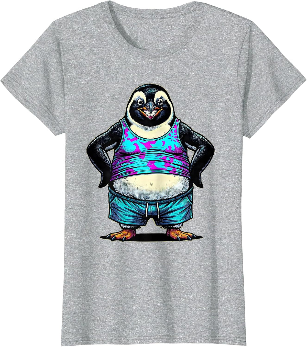 Funny Portly Penguin in Tank Top and Shorts T-Shirt - Heather Grey