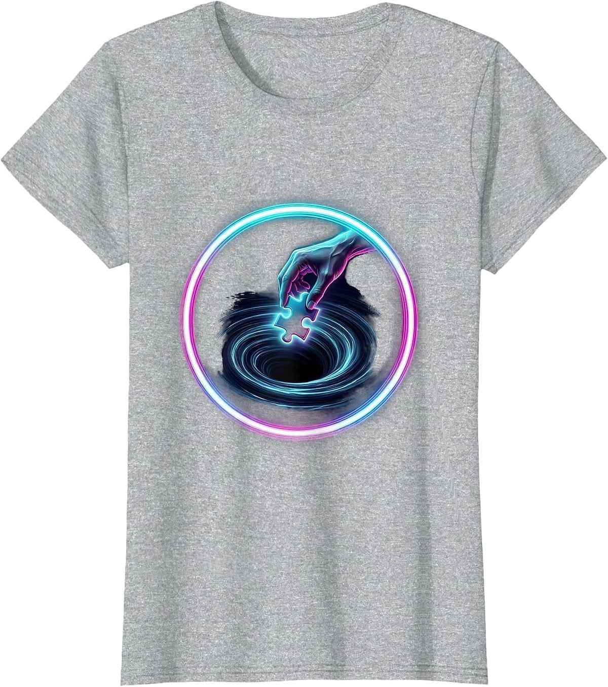 Hand Dropping Puzzle Piece Into Dark Void Graphic T-Shirt - Heather Grey