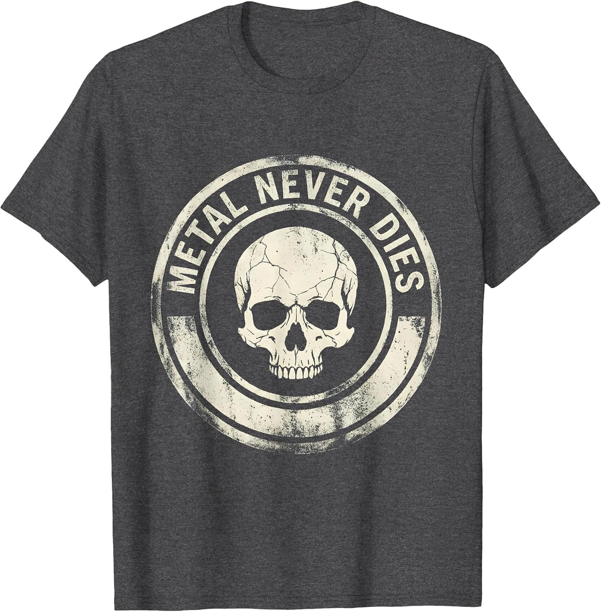 Metal Never Dies Heavy Metal Graphic Design T-Shirt - Dark Heather Grey