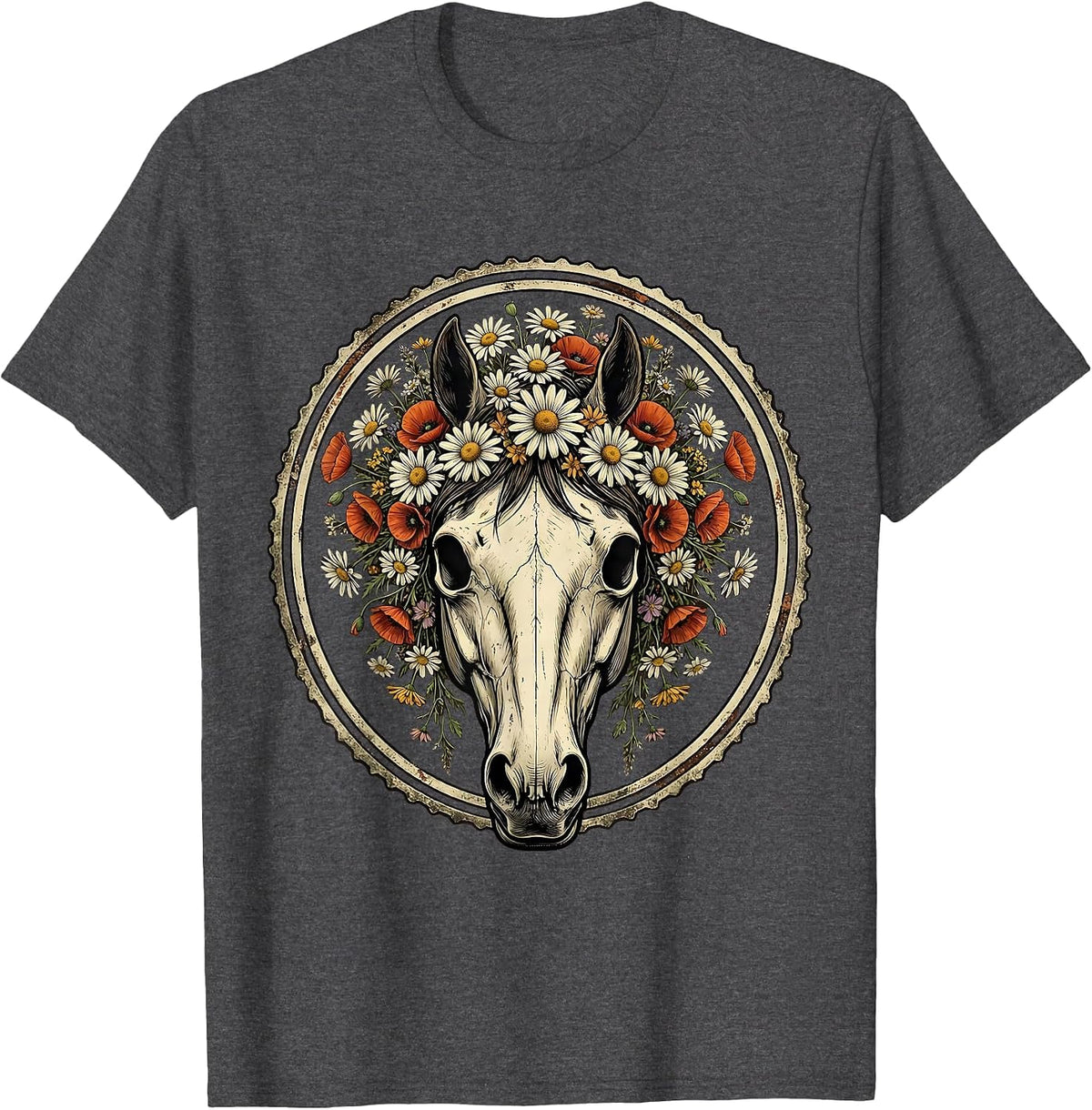 Men's Horse Skull Wildflower Crown Botanical Art T-Shirt - Dark Heather Grey
