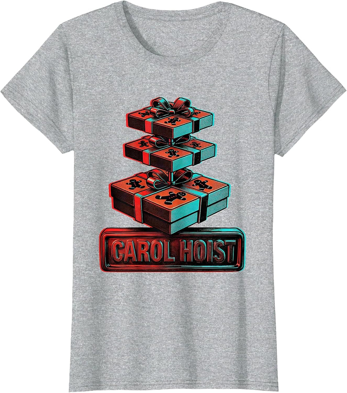 Women's Carol Hoist Pop Art Christmas Gingerbread Gym Weightlifting T-Shirt - Heather Grey