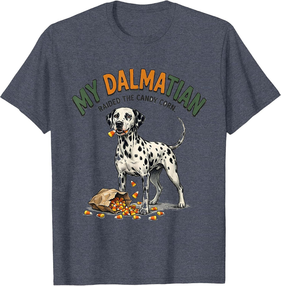 My Dalmatian Raided The Candy Corn Funny Halloween Dog Lover T-Shirt - Heather Blue