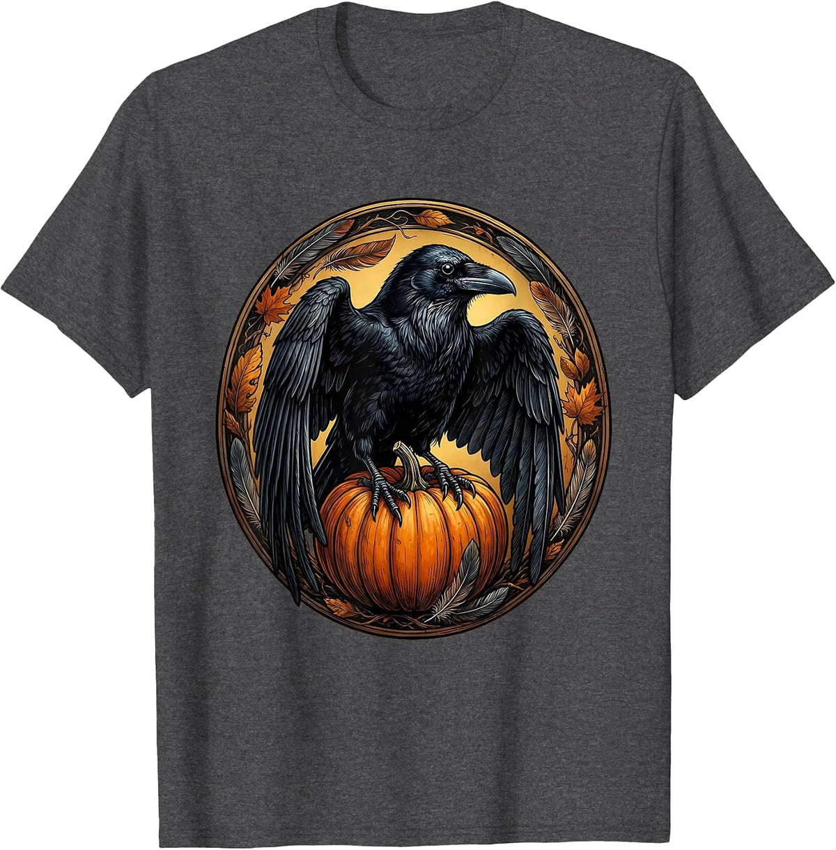 Men's Raven Gripping Pumpkin Halloween Graphic Design T-Shirt - Dark Heather Grey