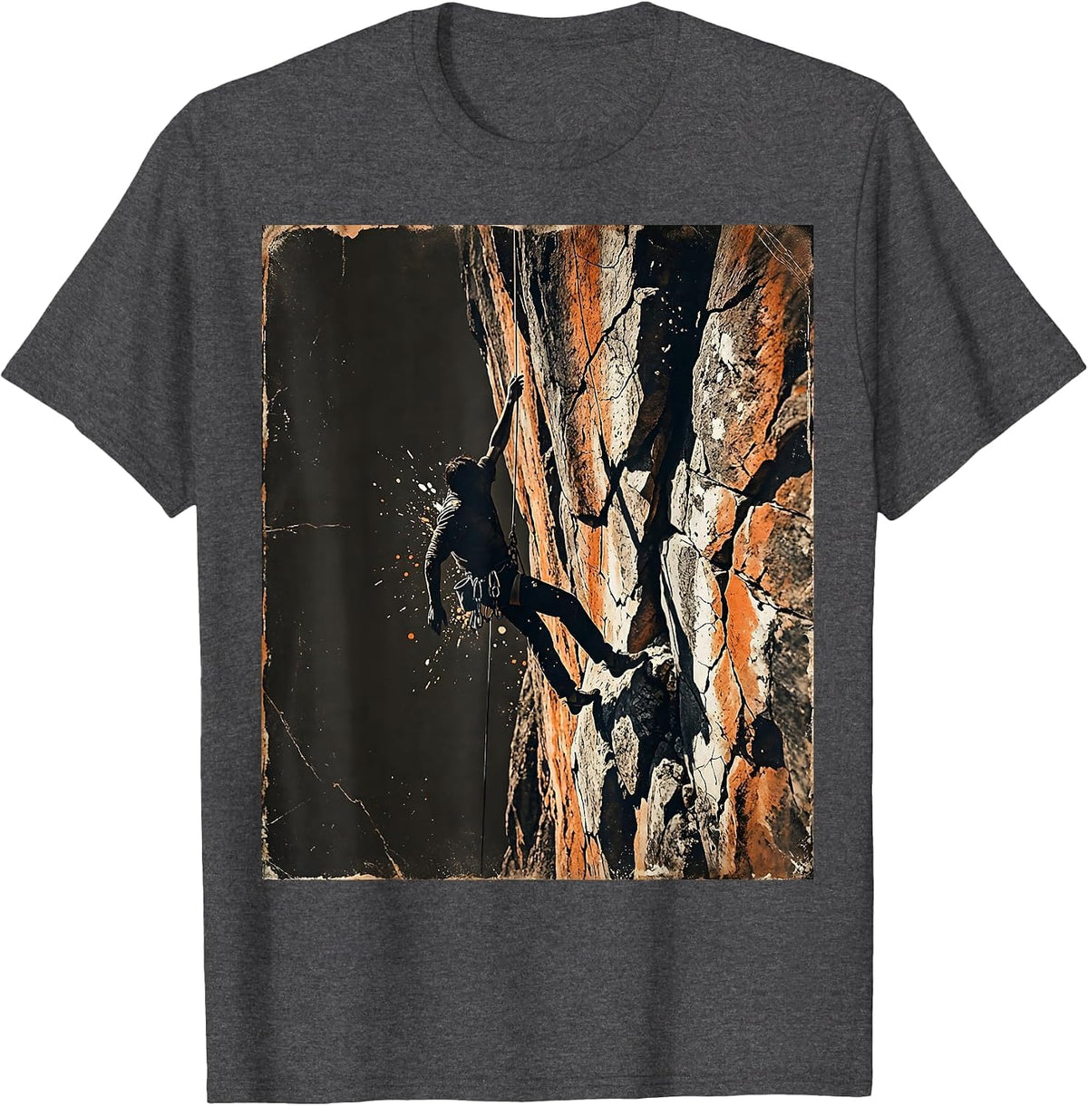 One-Handed Cliff Hanger Rock Climbing Graphic T-Shirt - Dark Heather Grey