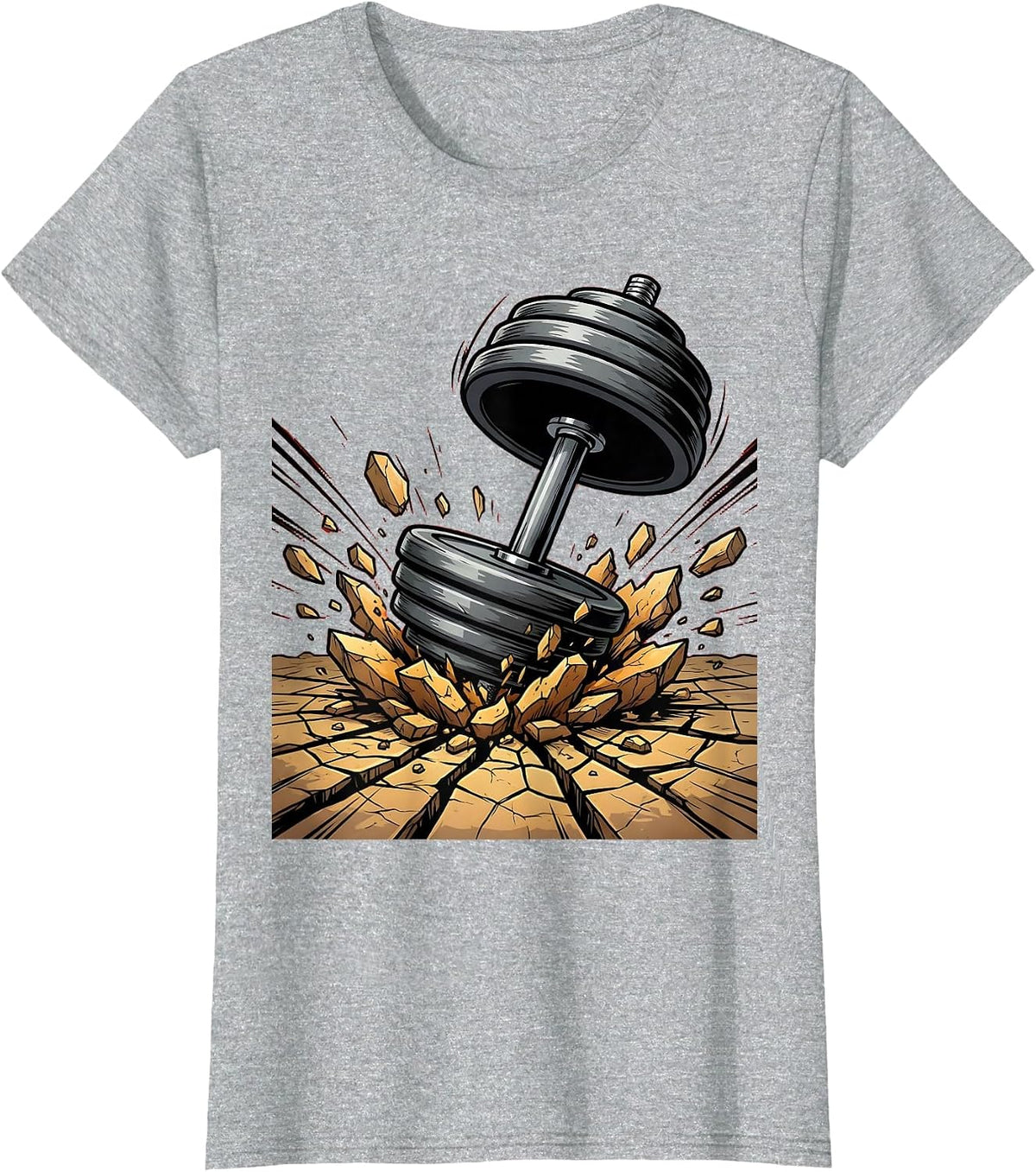 Dumbbell Smashing Through Stone Ground Graphic T-Shirt - Heather Grey