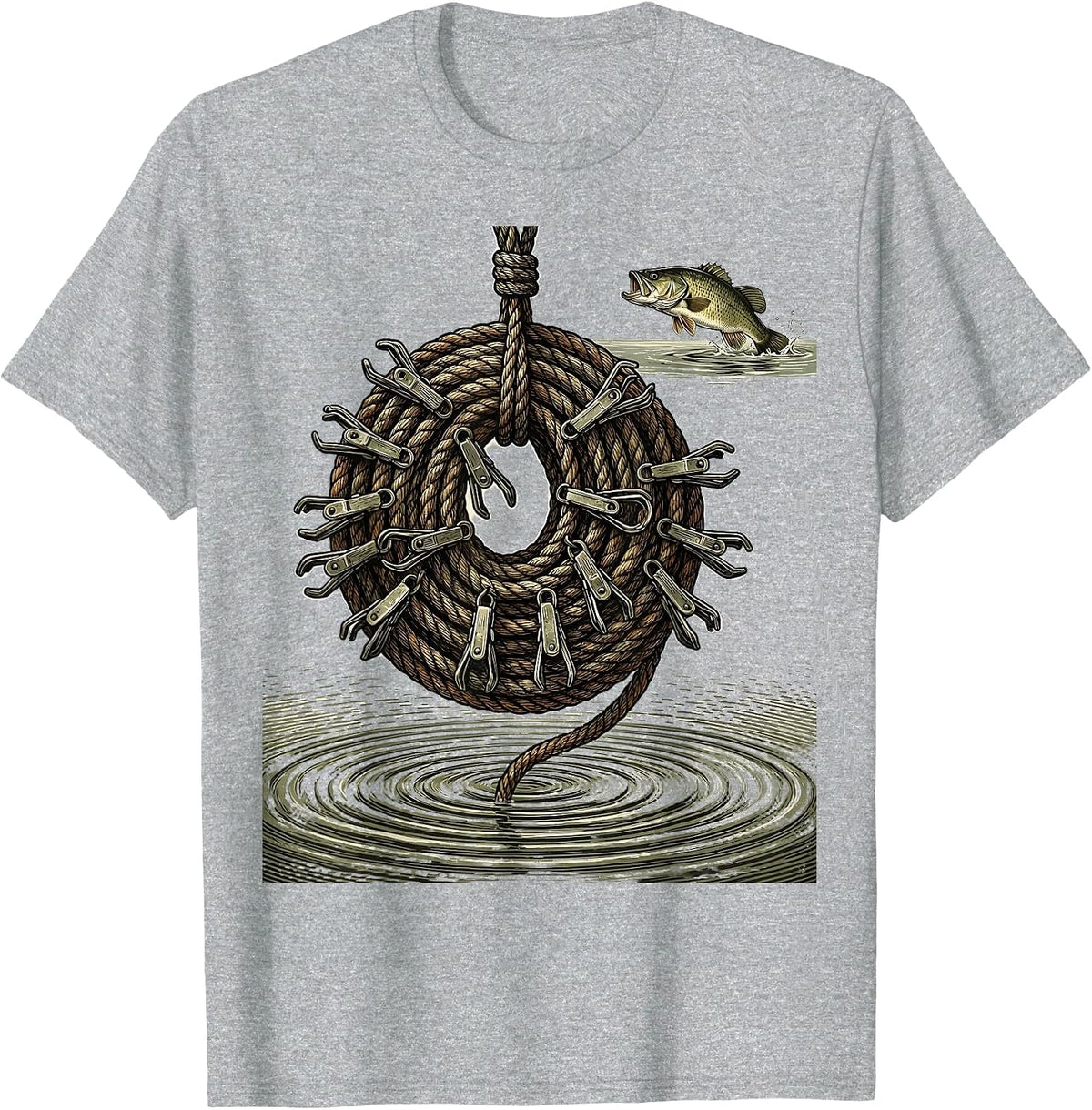 Men's Vintage Engraved Fish Stringer Funny Bass Fishing Humor T-Shirt - Heather Grey