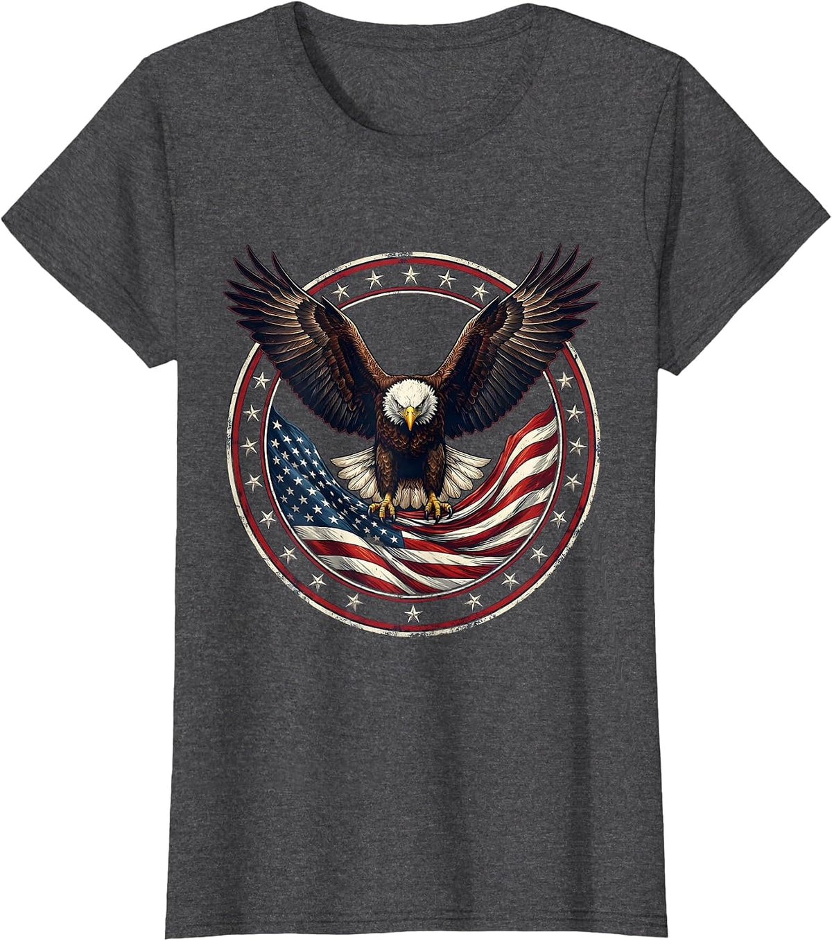 Women's Bald Eagle Soaring Over American Flag T-Shirt - Dark Heather Grey