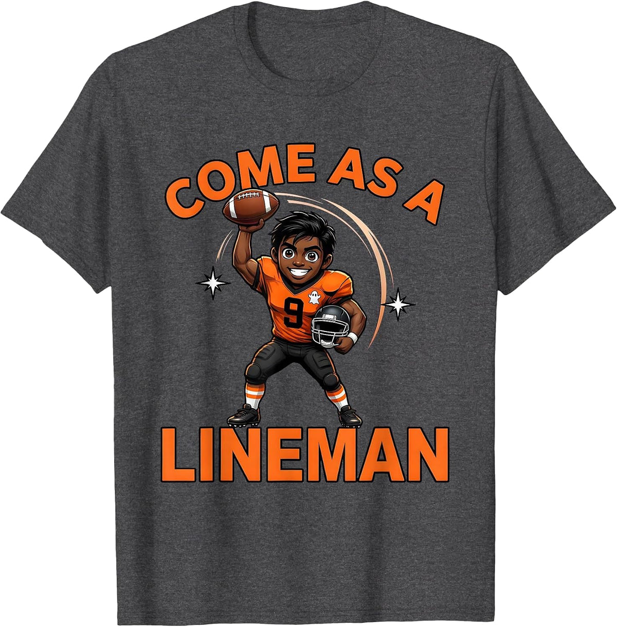 Men's COME AS A LINEMAN Funny Cartoon Football Player Halloween T-Shirt - Dark Heather Grey