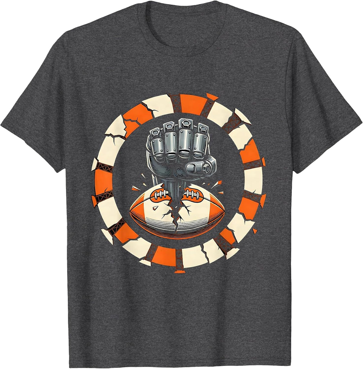 Mechanical Fist Punching Rugby Ball Graphic T-Shirt - Dark Heather Grey