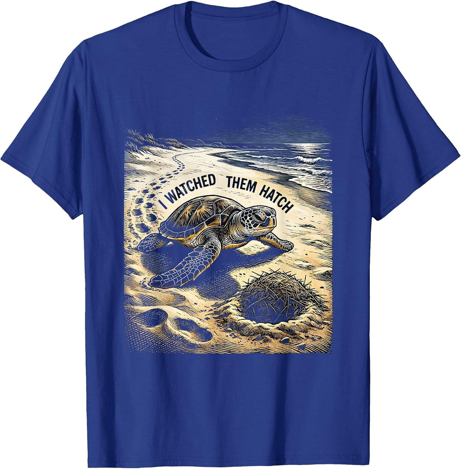 I Watched Them Hatch Woodcut Engraving Sea Turtle Vacation T-Shirt - Royal Blue